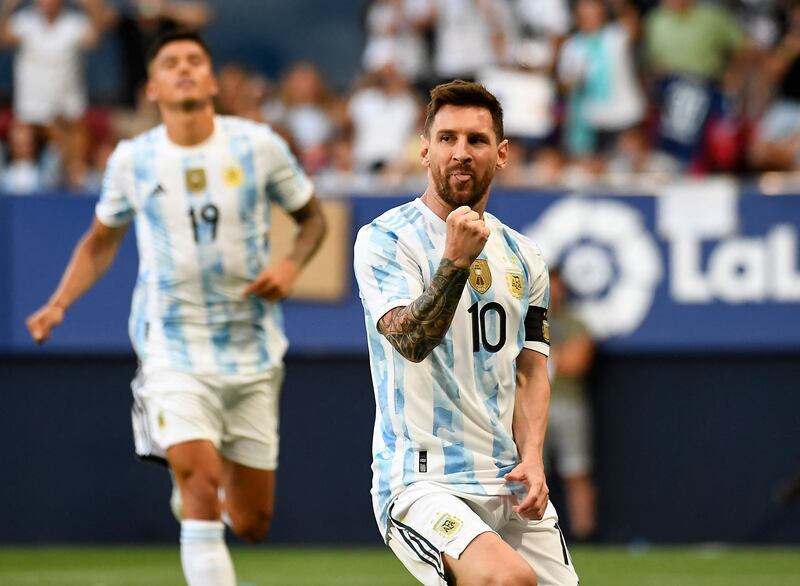 Argentina forward Lionel Messi celebrates after scoring his team's first goal at El Sadar stadium in Pamplona. AFP