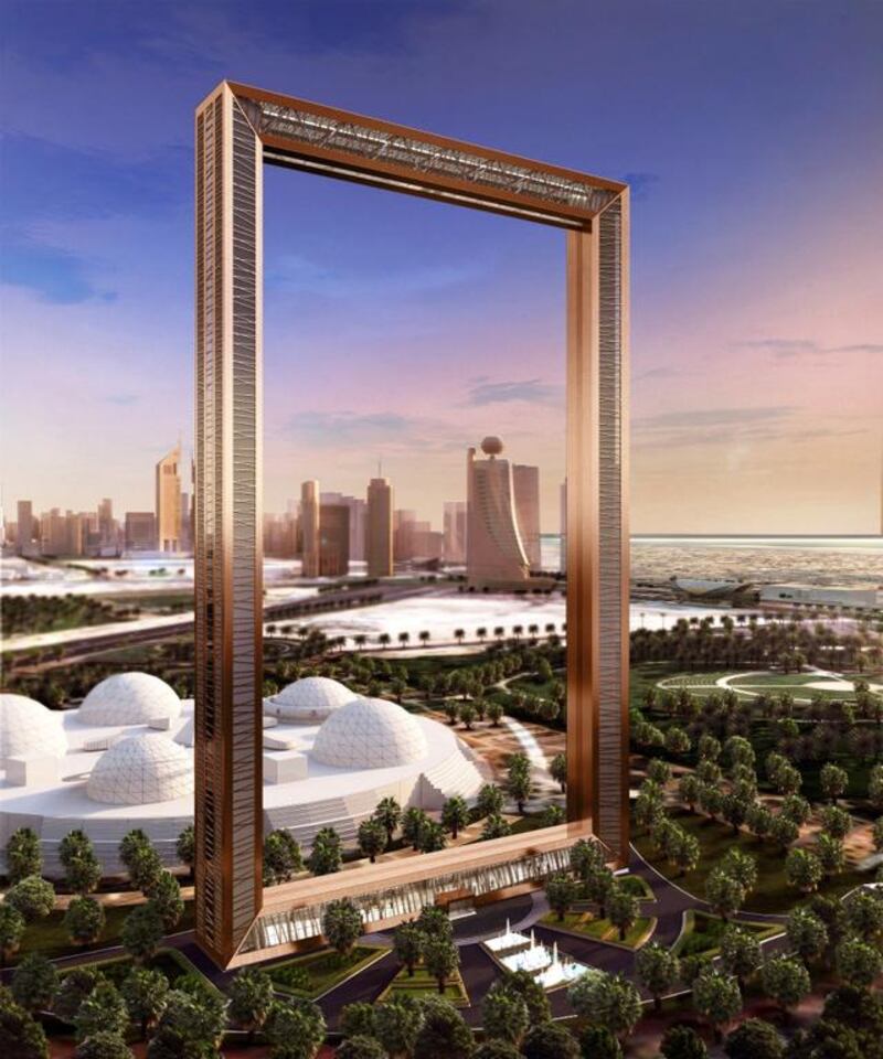 The Dubai Frame will bring 2 million visitors a year from across the world, according to Dubai Municipality. It will be 150 metres tall and 100 metres wide, with a walkway between the two sides of the frame. It will reportedly cost Dh120 million. Located in Zabeel Park, the frame could be ready for later this year. Courtesy Dubai Municipality