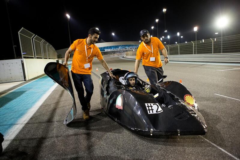 Driver Ali Ameri from the Higher Colleges of Technology’s Abu Dhabi Men’s College takes to the track at Yas Marina Circuit last night in a test run for the Shell Eco-marathon, in which cars compete to travel the longest distance on the least amount of fuel. Christopher Pike / The National
