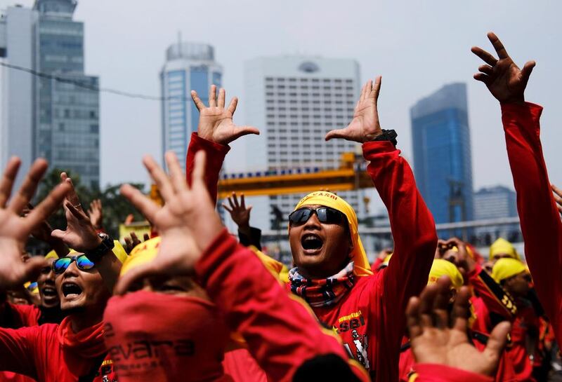 Indonesian workers rally in Jakarta. Beawiharta / Reuters