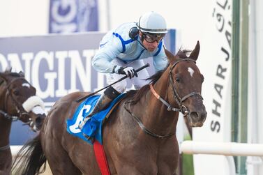Tadhg O’Shea, atop Philosopher, rode his first winner for Dubai Crown Prince Sheikh Hamdan bin Mohammed in Sharjah. Erika Rasmussen/The National