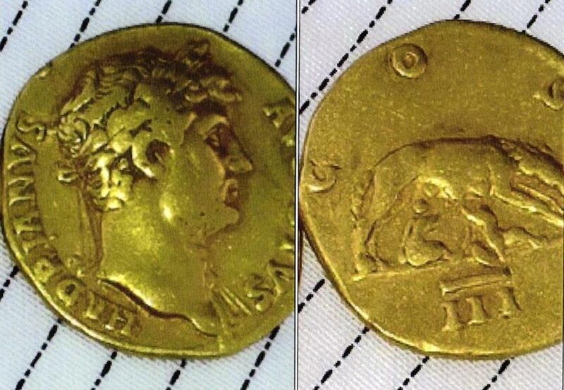 A gold coin featuring Roman emperor Hadrian Augustus Caesar is one of four ancient Syrian artefacts the US government believes was trafficked by ISIL. Courtesy US State Dept / Reuters handout