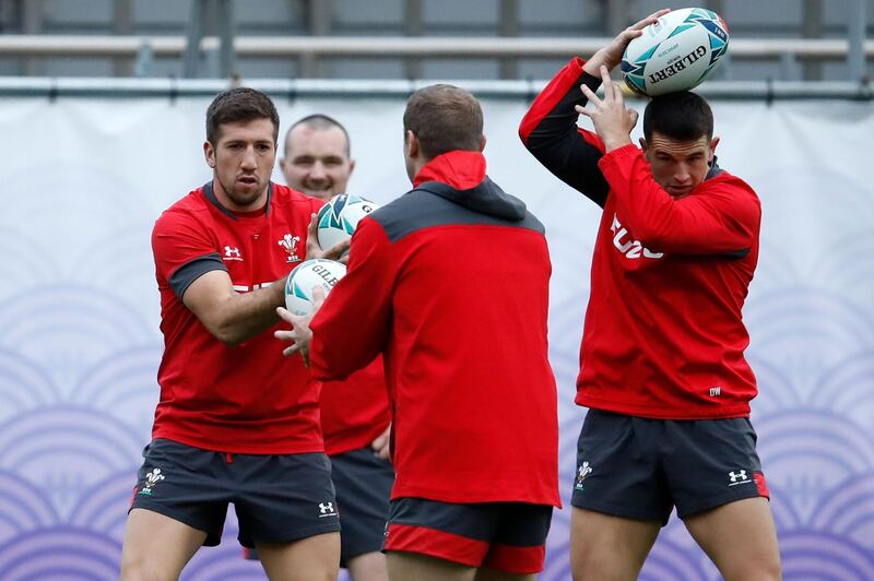Wales' flanker Justin Tipuric (L), Wales' hooker Ken Owens (2nd L) and Wales' centre Owen Watkin (R) take part in a training session at Prince Chichibu Memorial Rugby Ground in Tokyo ahead of their Japan 2019 Rugby World Cup semi-final against South Africa. AFP