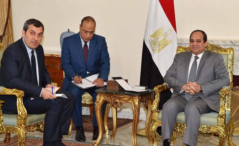 Egypt's president Abdel Fattah El Sisi, right, has warned the West against getting embroiled in Libya's civil war, saying that the international community should instead look to strengthening  the army of Libya’s internationally recognised government and let them do the job of stabilising the country. The Egyptian Presidency/Handout via Reuters 