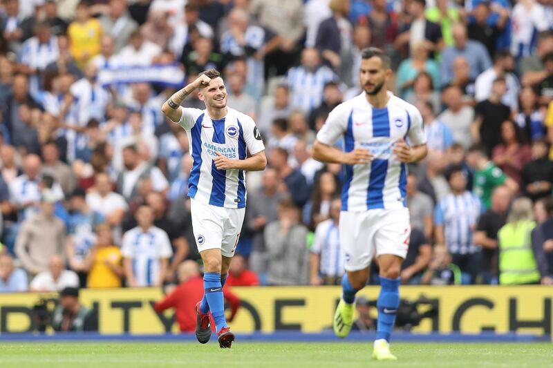 BRIGHTON, ENGLAND - AUGUST 19:  Pascal Gross of Brighton and Hove Albion celebrates after scoring his team's third goal during the Premier League match between Brighton & Hove Albion and Manchester United at American Express Community Stadium on August 19, 2018 in Brighton, United Kingdom.  (Photo by Dan Istitene/Getty Images)