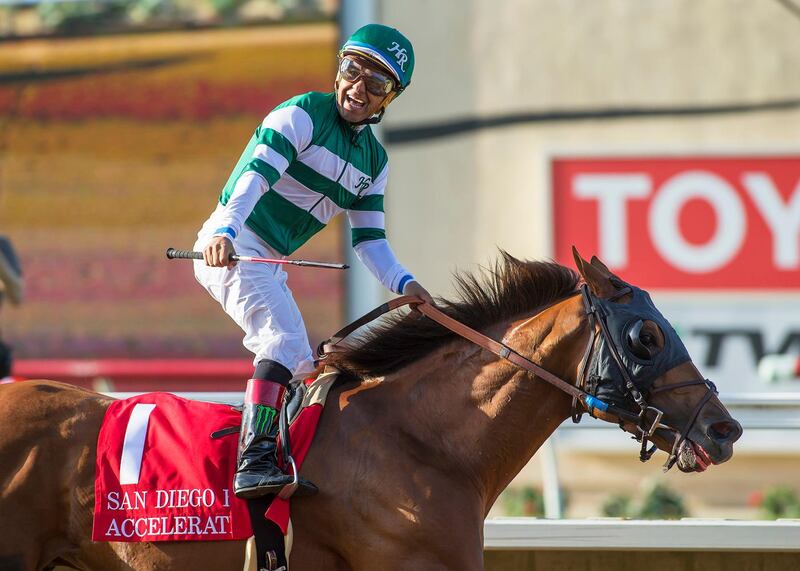 In a photo provided by Benoit Photo, Accelerate and jockey Victor Espinoza win the Grade II, $300,000 TVG San Diego Handicap horse race Saturday, July 22, 2017, at Del Mar Thoroughbred Club in Del Mar, Calif. (Benoit Photo via AP)