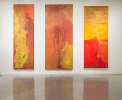 Frank Bowling named this luminous 1969 triptych, painted while he was living in New York, 'Richard Sheridan', which are his first two given names, as well as that of his father, grandfather, and son