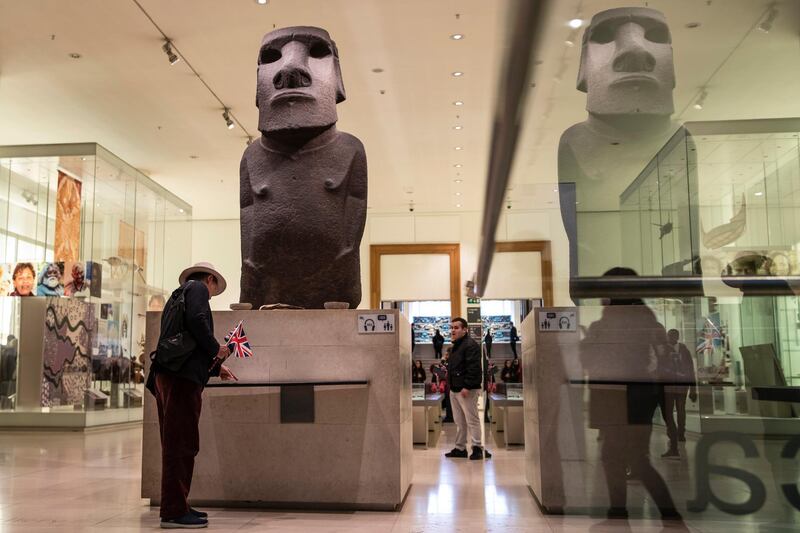 LONDON, ENGLAND - NOVEMBER 22: A basalt Easter Island Head figure, known as Hoa Hakananai'a, translated as 'lost or stolen friend' is displayed at the British Museum on November 22, 2018 in London, England. The Governor of the Easter Islands, Tarita AlarcÃ³n Rapu, has 'pleaded'  with the British Museum to return the piece, which was taken by the British members of the U.K.â€™s Royal Navy of the H.M.S. Topaze in 1868. (Photo by Dan Kitwood/Getty Images)