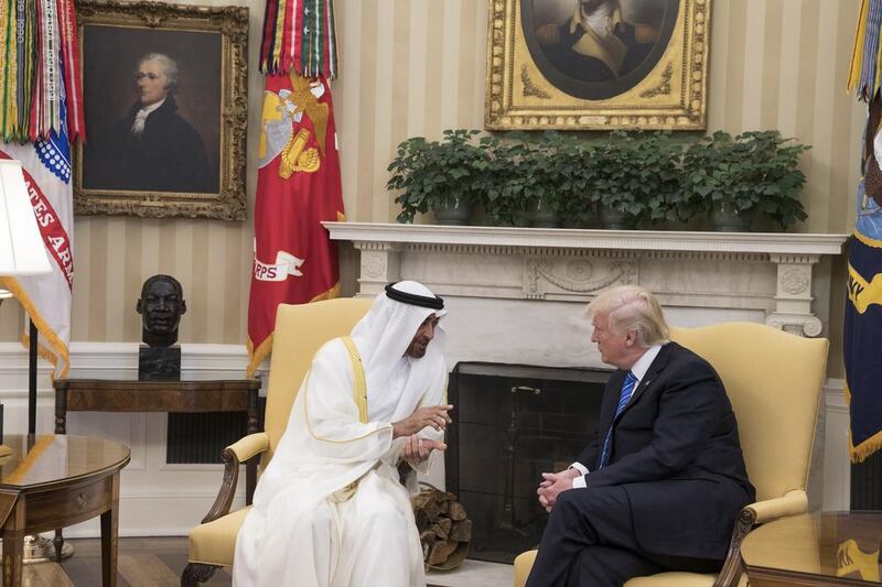 Sheikh Mohammed bin Zayed, Crown Prince of Abu Dhabi and Deputy Supreme Commander of the UAE Armed Forces, meets with US president Donald Trump in the Oval Office of the White House. Ryan Carter / Crown Prince Court - Abu Dhabi