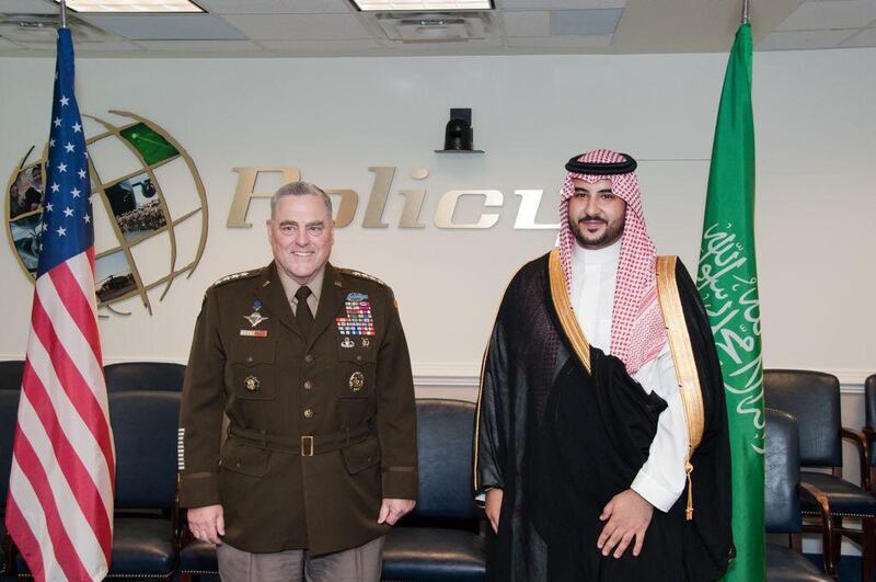 Prince Khalid bin Salman, Saudi Arabia's Vice Minister of Defence, meets chairman of the Joint Chiefs of Staff, Gen Mark Milley.