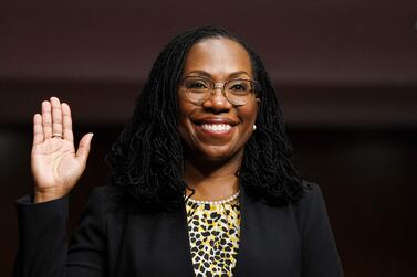 (FILES) In this file photo taken on April 28, 2021, Ketanji Brown Jackson, nominee to be US Circuit Judge for the District of Columbia, is sworn in during her Senate Judiciary Committee confirmation hearing in Washington, DC.  - President Joe Biden is set to pick Kentanji Brown Jackson as the first Black woman in US history to serve on the nation's highest court, media reported on February 25, 2022.  (Photo by Kevin LAMARQUE  /  POOL  /  AFP)