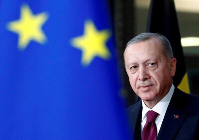 FILE PHOTO: Turkish President Tayyip Erdogan arrives for a meeting with EU Council President Charles Michel in Brussels, Belgium March 9, 2020. REUTERS/Francois Lenoir/File Photo