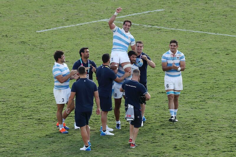 Juan Manuel Leguizamon of Argentina is lifted by his team mates as he played the final international game after the Rugby World Cup 2019 Group C game between Argentina and USA at Kumagaya Rugby Stadium in Kumagaya, Saitama, Japan. Getty Images