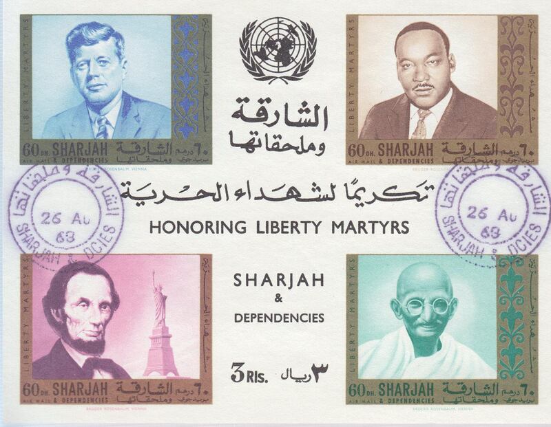 DUBAI, UNITED ARAB EMIRATES - JULY 25 2019. Sharjah Ghandi stamps, part of the collection of Ummer Farook.

Ummer Farook won a silver award for his collection on Gandhi at a recent international exhibition in China. His award winning collection on Gandhi shows stamps issued by more than 100 countries with images of the non-violence leader as a young law student and leading India’s independence struggle against British colonial rule. More than 20 countries have issued stamps over the past year to commemorate the 150th birth anniversary celebrations that began in October last year.

(Photo by Reem Mohammed/The National)
 
Reporter: RAMOLA TALWAR
Section: NA