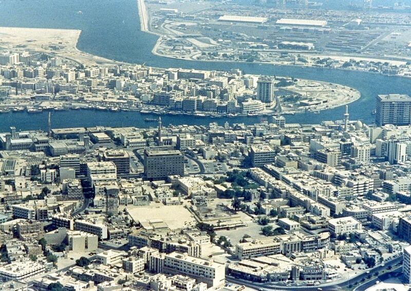 An aerial view of Dubai Creek from September 1987, after oil prices had collapsed. Greg English / AP Photo