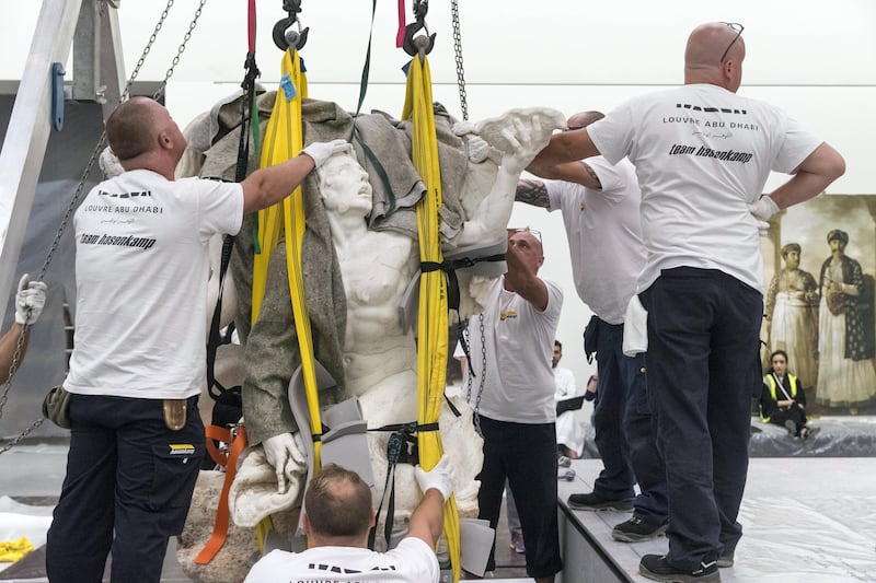 Abu Dhabi, United Arab Emirates, September 12, 2017:    Installation of the, Apollo's horses groomed by two tritons, Gilles Gu��rin, c.1670, statue at the Louvre Abu Dhabi on Saadiyat Island in Abu Dhabi on September 12, 2017. Christopher Pike / The National

Reporter: Nick Leech
Section: News