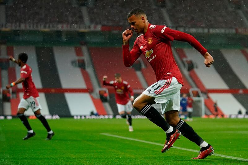 Mason Greenwood celebrates scoring for United. EPA