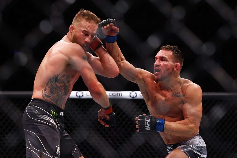 Michael Chandler, right, during his lightweight bout with Justin Gaethje at UFC 268 in November 2021. Getty Images