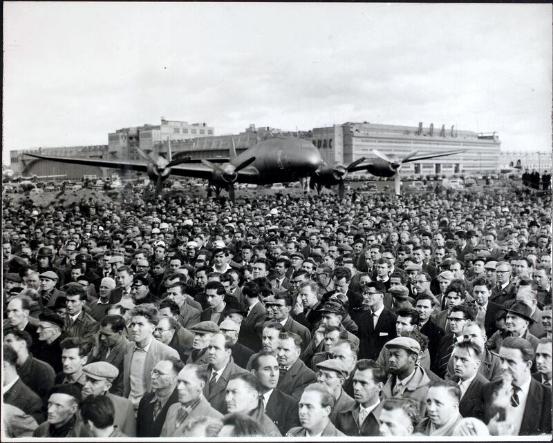 A general view of the mass meeting that took place at the London Airport during a strike by 4,000 British Overseas Airways Corporation engineers, 16th October 1958, London, England. Hopes of peace in the Ã‚Â£100,000 a day strike collapsed that afternoon when BOAC chiefs switched their attitude shortly before a mass meeting of the strikers at the London Airport. Mr Jim Matthews, secretary of the trade union side of the National Joint Council for Civil Air Transport, received a telephone call from BOAC headquarters a few minutes before he was due to address the airport meeting.  (Photo by George W. Hales/Fox Photos/Hulton Archive/Getty Images)