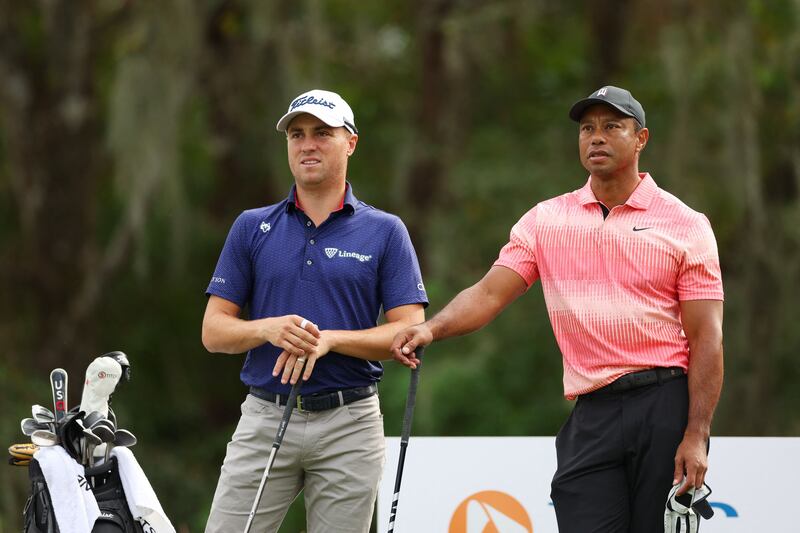 Justin Thomas and Tiger Woods on the seventh tee during the first round of the PNC Championship. AFP