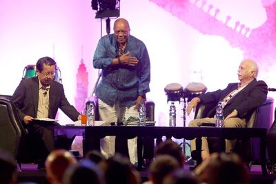 From left, moderator Ben Fong-Torres, Thriller producer Quincy Jones and assistant producer Bruce Swedien at the Dream Team panel discussion at Dubai Music Week in 2013. Pawan Singh / The National