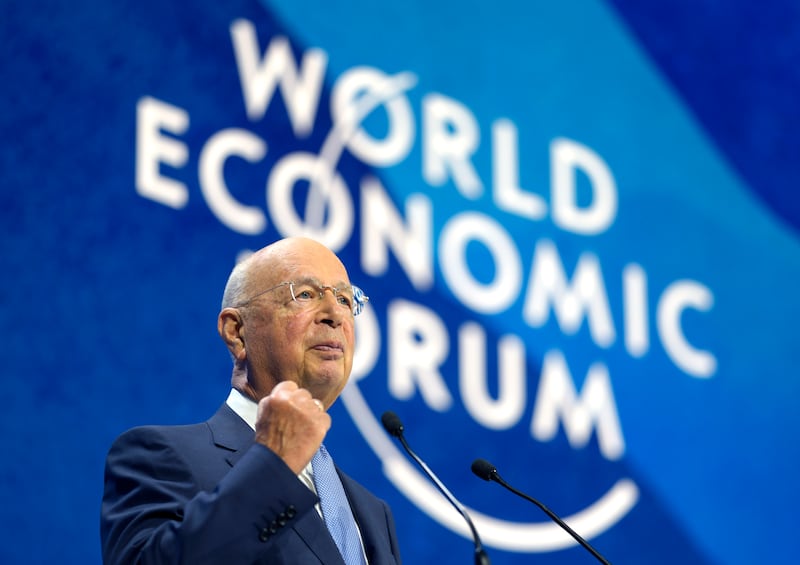 Klaus Schwab, President and founder of the World Economic Forum, delivers his opening speech at the event in 2020. AP 