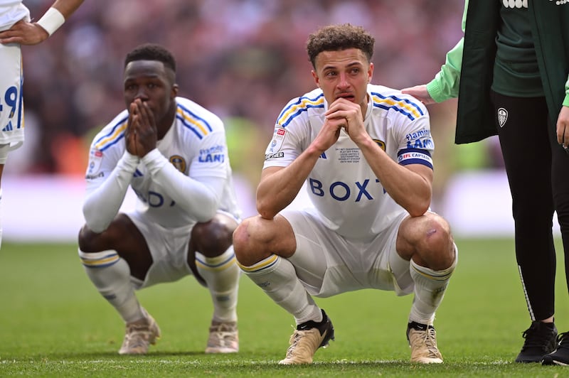 Ethan Ampadu, right, and Wilfried Gnonto of Leeds United react to defeat. Getty Images