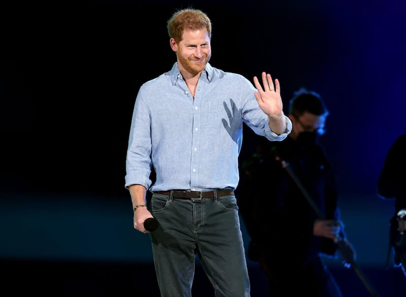 INGLEWOOD, CALIFORNIA: In this image released on May 2, Prince Harry, The Duke of Sussex, speaks onstage during Global Citizen VAX LIVE: The Concert To Reunite The World at SoFi Stadium in Inglewood, California. Global Citizen VAX LIVE: The Concert To Reunite The World will be broadcast on May 8, 2021.   Kevin Winter/Getty Images for Global Citizen VAX LIVE/AFP (Photo by KEVIN WINTER / GETTY IMAGES NORTH AMERICA / Getty Images via AFP)