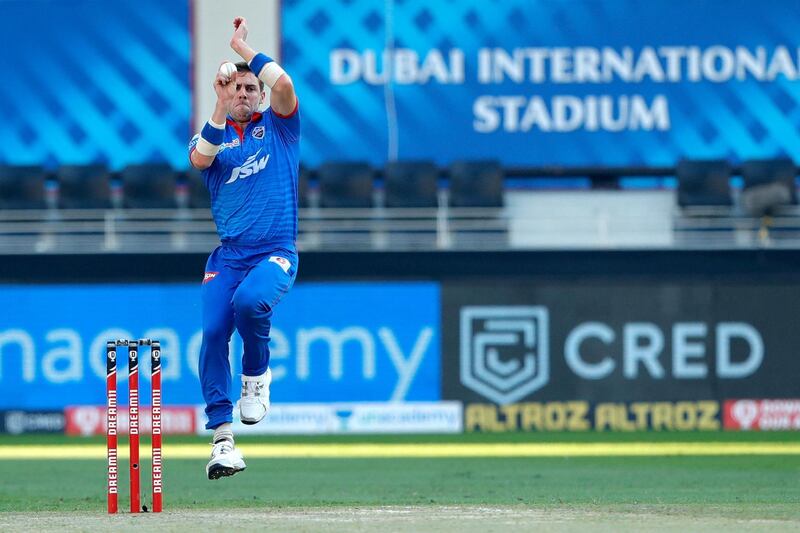 Anrich Nortje of Delhi Capitals bowling during match 51 of season 13 of the Dream 11 Indian Premier League (IPL) between the Delhi Capitals and the Mumbai Indians held at the Dubai International Cricket Stadium, Dubai in the United Arab Emirates on the 31st October 2020.  Photo by: Saikat Das  / Sportzpics for BCCI