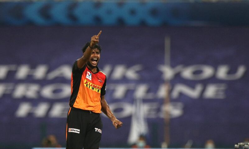 T Natarajan of Sunrisers Hyderabad  appeals successfully for the wicket Nitish Rana of Kolkata Knight Riders during match 8 of season 13 of Indian Premier League (IPL) between the Kolkata Knight Riders and the Sunrisers Hyderabad held at the Sheikh Zayed Stadium, Abu Dhabi  in the United Arab Emirates on the 26th September 2020.  Photo by: Pankaj Nangia  / Sportzpics for BCCI