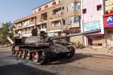 A damaged army tank on the streets of Omdurman, Sudan. If the war between the armed forces and rival paramilitaries continues to fragment into a toxic mix of rival groups and ethnic conflicts, it will soon be out of their control to stop, even if they wanted to. Reuters