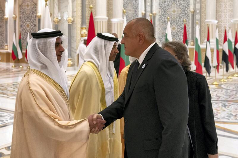 ABU DHABI, UNITED ARAB EMIRATES - October 21, 2018: HH Lt General Sheikh Saif bin Zayed Al Nahyan, UAE Deputy Prime Minister and Minister of Interior (L), greets HE Boyko Borissov, Prime Minister of Bulgaria (R), during a reception at the Presidential Palace.

( Hamad Al Kaabi / Crown Prince Court - Abu Dhabi )
---
