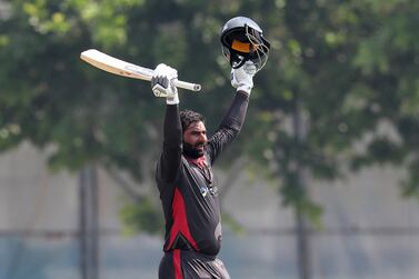 Muhammad Waseem of UAE celebrating after scoring his century against the Ireland at ICC academy in Dubai on 10 October, 2021. Pawan Singh/The National. Story by Paul