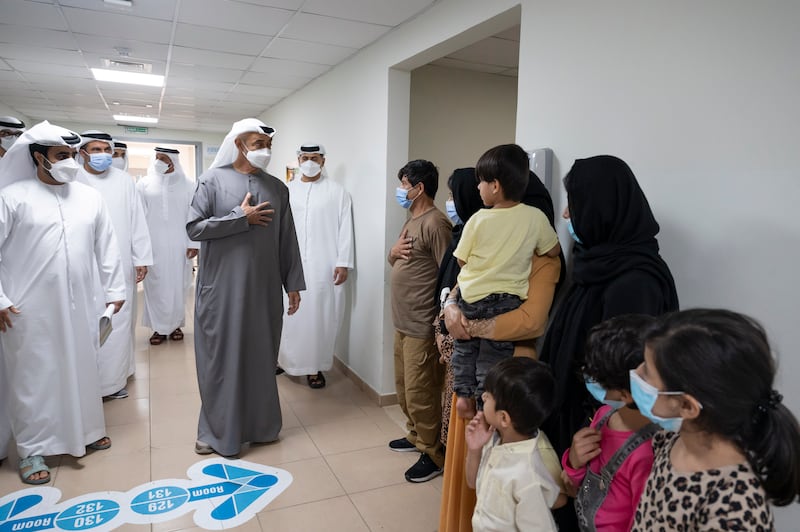 Sheikh Mohamed visits Afghan families evacuated from Kabul and hosted at Emirates Humanitarian City. Photo: Hamad Al Kaabi / Ministry of Presidential Affairs