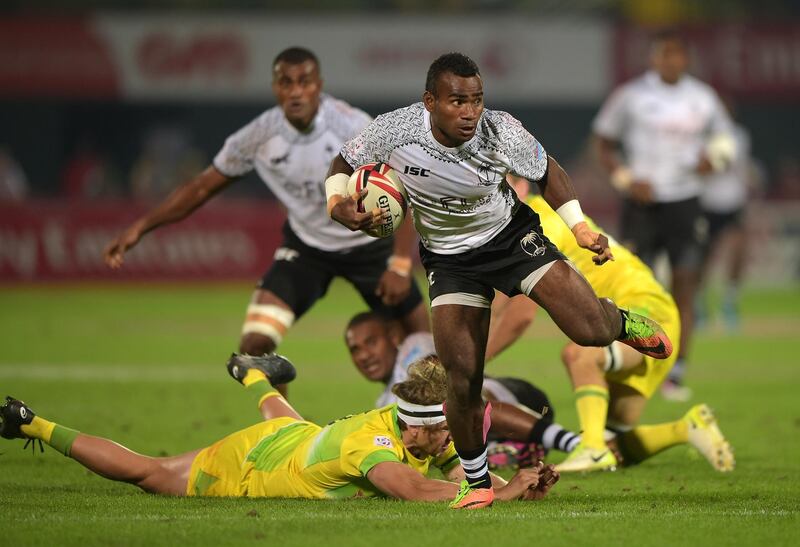 DUBAI, UNITED ARAB EMIRATES - DECEMBER 01:  Jerry Tuwai of Fiji in action during the match between Fiji and Australia on Day Two of the Emirates Dubai Rugby Sevens - HSBC Sevens World Series at The Sevens Stadium on December 1, 2017 in Dubai, United Arab Emirates.  (Photo by Tom Dulat/Getty Images)