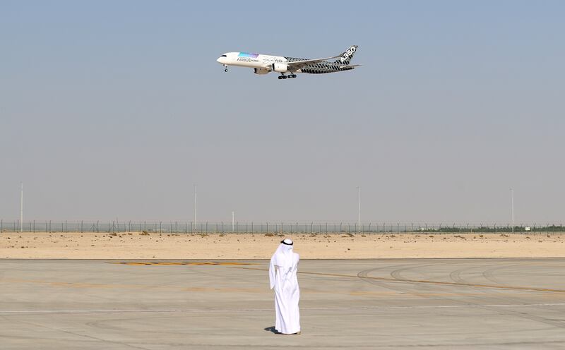 An air display by the Airbus A 350 on the second day of the Dubai Airshow 2021. Chris Whiteoak/ The National