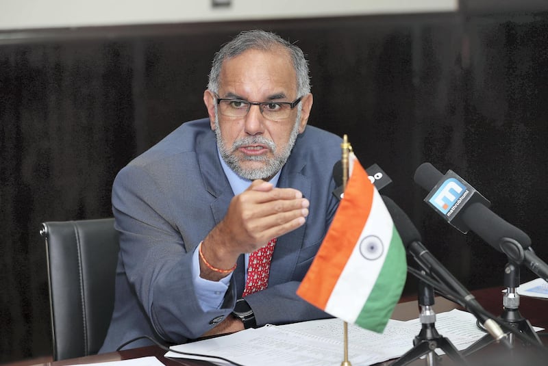 ABU DHABI, UNITED ARAB EMIRATES, August 20 – 2018 :- Navdeep Suri, Ambassador of India talking to media during the press conference about the Kerala floods situation held at the Embassy of India in Abu Dhabi. ( Pawan Singh / The National )  For News. Story by Haneen 