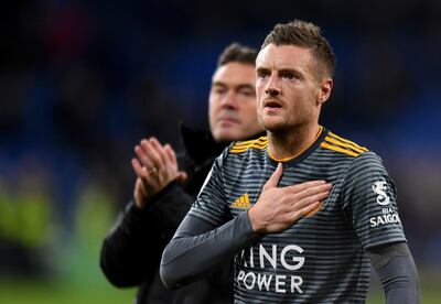 Leicester City's Jamie Vardy after the final whistle of the English Premier League soccer match against Cardiff City at the Cardiff City Stadium, Cardiff, Wales, Saturday Nov. 3, 2018. (Simon Galloway/PA via AP)
