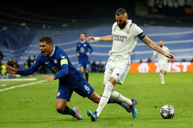 Real Madrid's Karim Benzema battles against Chelsea's Thiago Silva. EPA