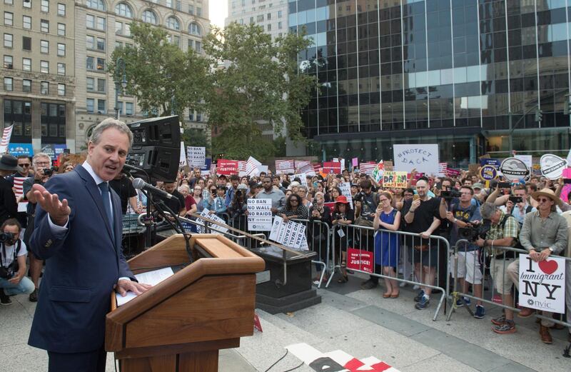 (FILES) In this file photo taken on September 5, 2017 NY Attorney General Eric Schneiderman speaks at a rally to defend DACA in New York.
New York state's top prosecutor and public champion of the #MeToo movement resigned on May 8, 2018, just hours after being accused of physically assaulting four women by The New Yorker. / AFP PHOTO / Bryan R. Smith