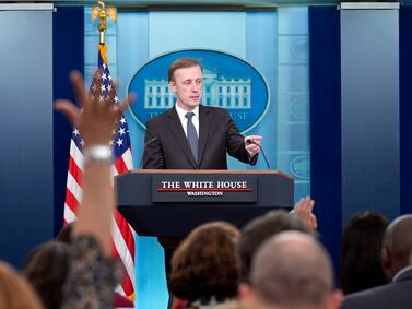 White House National Security Adviser Jake Sullivan speaks during the daily briefing at the White House in Washington on Monday. AP