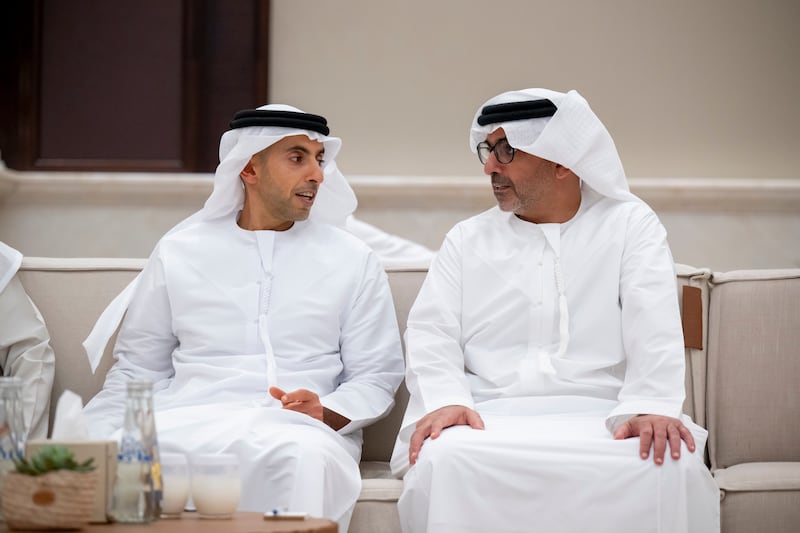 Sheikh Hamed bin Zayed speaks with Sheikh Khaled bin Zayed, Chairman of the Board of Zayed Higher Organisation for Humanitarian Care and Special Needs. Omar Al Askar / UAE Presidential Court