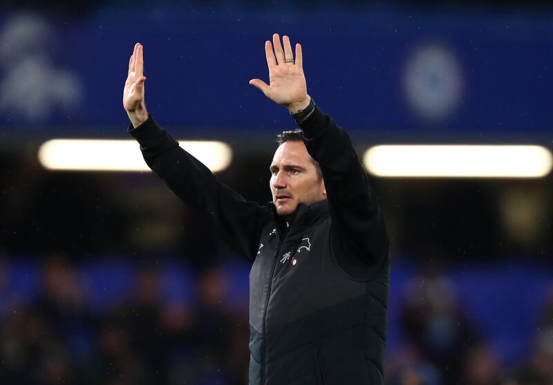 Derby County manager Frank Lampard applauds the fans after the League Cup tie against Chelsea at Stamford Bridge. Getty Images