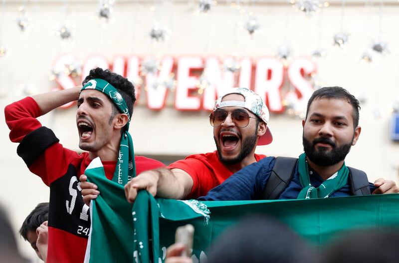 Saudi Arabian fans chant slogans on the eve of their World Cup opener against Russia in downtown Moscow on Wednesday. AP