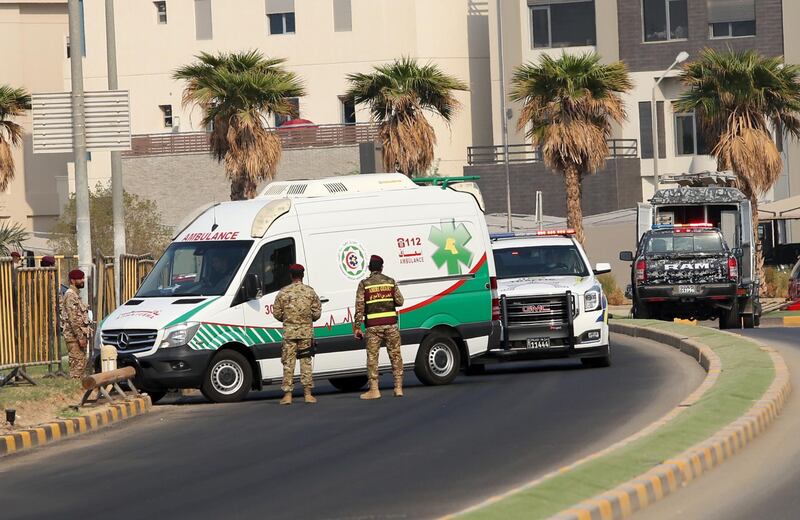 Ambulance carrying body of the late Emir Sheikh Sabah Al Sabah arrive at Bilal bin Rabah mosque for funeral prayer in Kuwait City, Kuwait.  EPA