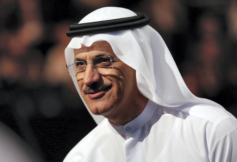 Dubai, April 09, 2018: Sultan Bin Saeed Al Mansouri, Minister of Economy, UAE  at the Annual Investment Meeting at the world trade centre in Dubai. Satish Kumar for the National /Story by Deena Kamel