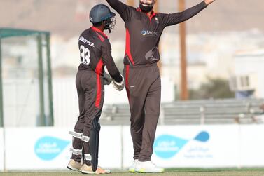 Ahmed Raza of UAE celebrates during the ICC World T20 Global Qualifier A semifinal between UAE and Nepal in Muscat, Oman on 22nd February 2022.