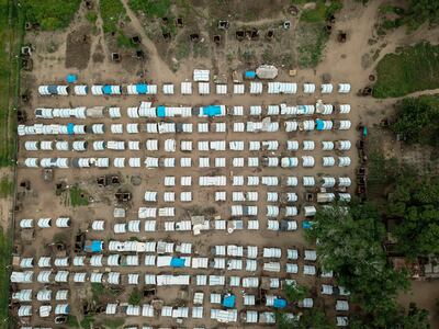 An aerial view taken in February 2021 shows temporary houses in the Napala Agrarian Centre of Metuge District, Cabo Delgado, northern Mozambique. AFP