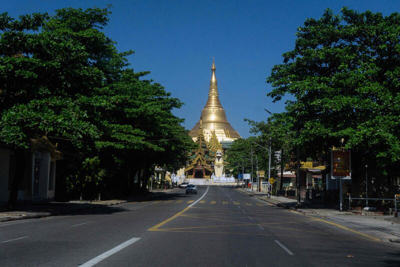 An empty street leading to the Shwedagon Pagoda in Yangon, during the silent strike. AFP