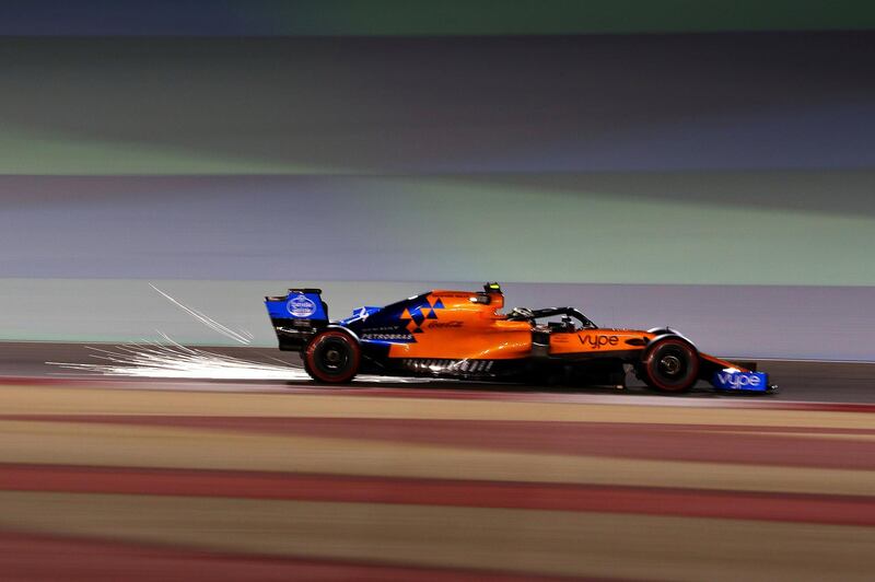 BAHRAIN, BAHRAIN - MARCH 29: Sparks fly behind Lando Norris of Great Britain driving the (4) McLaren F1 Team MCL34 Renault on track during practice for the F1 Grand Prix of Bahrain at Bahrain International Circuit on March 29, 2019 in Bahrain, Bahrain. (Photo by Mark Thompson/Getty Images)
